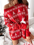 Christmas Holiday Print Sweater Mini Dress, Loose Style Off Shoulder Long Sleeves Pullover Knit Top Dress, Idea for Holiday