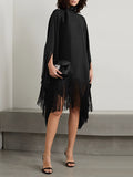 themeisles Loose Fringed High Neckline With A Scarf-Like Panel Solid Midi Dresses