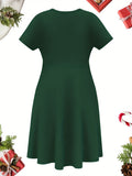 Women's Festive Christmas Graphic Dress - Casual Crew Neck, Short Sleeve, Mid-Length with Stretch Fabric, Machine Washable