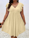 Plus Size Criss Cross Dress - Stunning Eyelet Cut-Out, Flowy Flutter Sleeve, Above Knee Length, Casual Spring & Summer Dress for Women - Designed for Plus Size Women, Part of Our Plus Size Clothing Collection