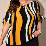 Plus Size Colorblock Striped Blouse with Tied Cuffs - Fashionable Crew Neck for Spring & Summer - Casual, Flattering Womens Plus Size Clothing