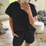 Chic Solid Two-piece Set - Casual Crew Neck Top & Drawstring Shorts Outfit - Comfortable Womens Everyday Wear