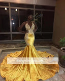 Yellow Velvet Long Mermaid Prom Dresses Black Girls' Halter Lace Appliques Backless Sweep Train Evening Gowns BC0829