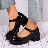 Women's Chunky Heel Shoes, Solid Color Round Toe Buckle Strap Shoes, Versatile Dress Mid Heels