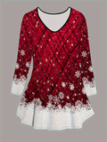 Elegant Special Series Women's Christmas Set - Casual Polyester Knit Fabric, V-Neck Long Sleeve Top with Flared Pants, Festive Red Plaid Snowflake Print