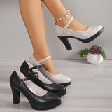 Women's Chunky High Heels, Faux Leather Pointed Toe Ankle Strap Mary Jane Heels, All-Match Dress Shoes