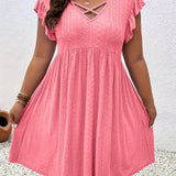 Plus Size Criss Cross Dress - Stunning Eyelet Cut-Out, Flowy Flutter Sleeve, Above Knee Length, Casual Spring & Summer Dress for Women - Designed for Plus Size Women, Part of Our Plus Size Clothing Collection