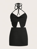 Chic Y2K Two-Piece Skirt Set - Flattering Slim Fit Twist Halter Crop Top & Soft Ribbed High Waist Skirt Outfit for Women