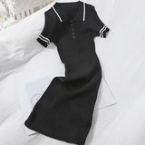 Women casual dresses turn down collar color block tunic knitted short sleve bodycon desinger dress sexy vestidos