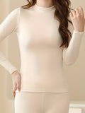 Solid Plush Thermal Underwear Set For Fall & Winter, Long Sleeve Mock Neck Tops & Pants, Women's Loungewear & Underwear