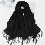 Simple Black Tassel Scarf Women's Basic Soft Warm Neck Scarf Casual Basic Coldproof Inelastic Scarf