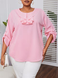 Plus Size Elegant Ruffle Crew Neck 3/4 Sleeve Solid Blouse - Chic Polyester Top for Women - Perfect for Summer, Non-Stretch, Woven, No Printing, Sheer-Free