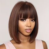 Short Straight Human Hair Bob Wigs With Bangs Remy Full Machine Made Wig For Women Burgundy Brown Colored Wear To Go BOB Wig 200%