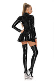 Casual Dresses Women Sexy Wetlook Leather Dress Elastic Erotic Zipper Open Crotch Glossy Latex Pleated Skirt Long Sleeve Sexi