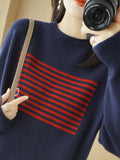 themeisles Casual Loose Long Sleeves Striped Round-Neck Sweater Tops