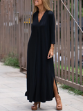 themeisles Long Sleeves Loose Solid Color Split-Side V-Neck Maxi Dresses