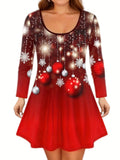 Plus Size Christmas Outfits Set, Women's Plus Christmas Bauble Print Long Sleeve Round Neck Top & Pants Outfits Two Piece Set