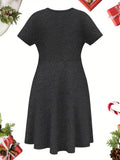 Women's Festive Christmas Graphic Dress - Casual Crew Neck, Short Sleeve, Mid-Length with Stretch Fabric, Machine Washable