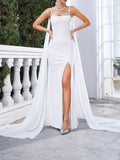 Solid Color Spaghetti Strap Formal Dress, Elegant Draped Split Thigh Evening Dress For Party & Banquet, Women's Clothing