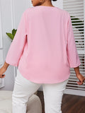 Plus Size Elegant Ruffle Crew Neck 3/4 Sleeve Solid Blouse - Chic Polyester Top for Women - Perfect for Summer, Non-Stretch, Woven, No Printing, Sheer-Free