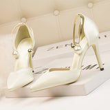 9219-73 Korean Style Stylish Women's Shoes High Heel Low-Cut Satin Hollow-out Pointed Toe Nightclub Metal Strap Sandals