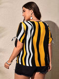 Plus Size Colorblock Striped Blouse with Tied Cuffs - Fashionable Crew Neck for Spring & Summer - Casual, Flattering Womens Plus Size Clothing