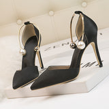 9219-73 Korean Style Stylish Women's Shoes High Heel Low-Cut Satin Hollow-out Pointed Toe Nightclub Metal Strap Sandals