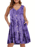 Plus Size V-Neck Tie Dye Pocket Dress - Sleeveless, Slight Stretch, Casual Style for Spring & Summer - Womens Vacation Clothing with Random Printing and Knit Fabric