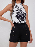 Chic Floral Halter Top & Button-Trimmed Shorts Outfit Set - Lightweight Summer Wear for Women