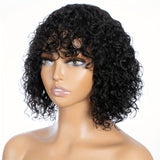 Shoulder Length Curly Human Hair Wig Wih Bangs, 180 Density 10inch For Women