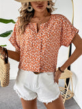 Plus Size Elegant Ditsy Floral Print Notched Neck Shirting Blouse - Soft Non-Stretch Polyester Fabric, Short Sleeve, Woven, Random Printing, Perfect for Summer - Womens Stylish and Comfortable Clothing for Spring and Summer Seasons