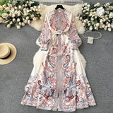 Casual Dresses Women Vintage Party Dress Elegant Lapel Single-breasted Slim Maxi Woman Long Sleeve Spring Autumn Floral Printed