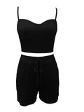 Chic Summer Two-piece Set - Flattering Backless Crop Cami Top & High Waist Drawstring Shorts Outfit - Womens Stylish Casual Wear