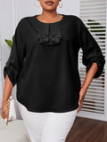 Plus Size Elegant Ruffle Crew Neck 3/4 Sleeve Solid Blouse - Chic Polyester Top for Women - Perfect for Summer, Non-Stretch, Woven, No Printing, Sheer-Free