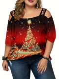 Plus Size Christmas T-shirt, Women's Plus Glitter Christmas Tree Print Cold Shoulder Cut Out Half Sleeve Tee