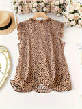 Plus Size Elegant V Neck Leopard Print Blouse - Chic Ruffle Sleeve Shirt for Spring and Summer - Non-Stretch Polyester Womens Clothing with Woven Fabric and Random Printing