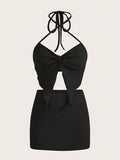 Chic Y2K Two-Piece Skirt Set - Flattering Slim Fit Twist Halter Crop Top & Soft Ribbed High Waist Skirt Outfit for Women