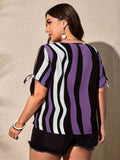 Plus Size Colorblock Striped Blouse with Tied Cuffs - Fashionable Crew Neck for Spring & Summer - Casual, Flattering Womens Plus Size Clothing