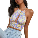 Women Fashion Sexy Halter Backless Floral Print Tank Tops Summer  Female Casual Sleeveless Vest Tops For Daily shopping