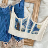 Townlike Summer  Waist Oil Painting Waist Seal Corset Slim Sexy Crop Top Women Short Bandage Corset Top With Fishbone