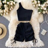 themeisles Casual Women 2 Piece Set Solid Summer Fashion One Shoulder Sleeveless Crop Top and Drawstring Shorts Workout Tracksuits