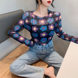 themeisles Angel Print Sheer Blue Black Mesh Long Sleeve Blouse Shirts Women Spring Summer Pullovers Elegant Sexy See Through Tops