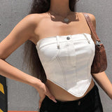 themeisles White Strapless Cropped Tube Top Women Sexy Backless Boob Tube Crop Tops Zipper Black Thread Camisole Summer