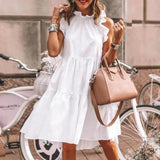 themeisles Fashion Ruffles Collar White Loose Beach Woman Dress Summer Casual Boho Sleeveless Big Hem Ladies Dresses For Women Robe