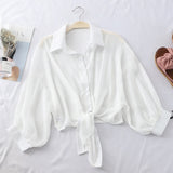 themeisles Chiffon Shirts Women Summer Half Sleeve Buttoned Up Shirt Loose Casual Blouse Tied Waist Elegant Blouses For Women