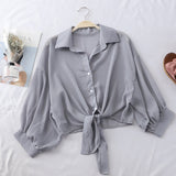 themeisles Chiffon Shirts Women Summer Half Sleeve Buttoned Up Shirt Loose Casual Blouse Tied Waist Elegant Blouses For Women