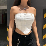 themeisles White Strapless Cropped Tube Top Women Sexy Backless Boob Tube Crop Tops Zipper Black Thread Camisole Summer