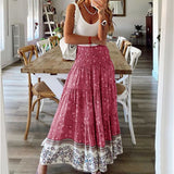 Summer High Waist Long Printed A-Line Skirt Floral Skirt Women Casual Beach Faldas Female Boho Elastic Waist Holiday Maxi Skirts