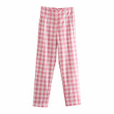 Summer women's casual solid color plaid high waist pants