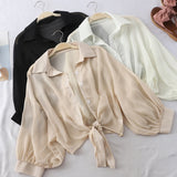 themeisles Chiffon Shirts Women Summer Half Sleeve Buttoned Up Shirt Loose Casual Blouse Tied Waist Elegant Blouses For Women